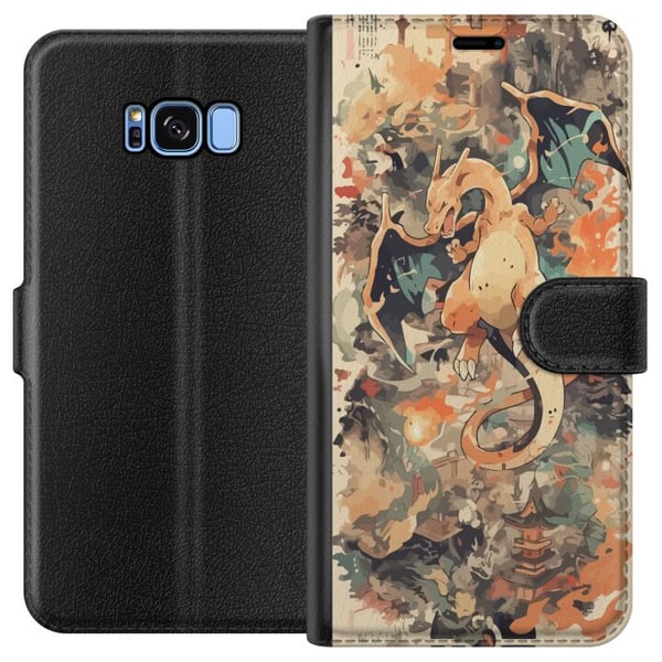 Kompatibelt Plånboksfodral till Samsung Galaxy S8 Fire Dragon Legend eldsprutande drake i japansk konststil vintage illustration med tempel och rökmo