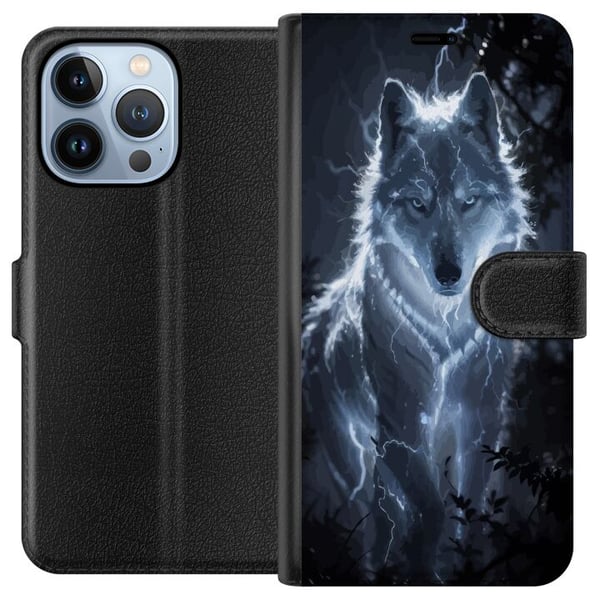 Kompatibel Tegnebogsetui til Apple iPhone 13 Pro Hvid ulv omgivet af lyn i mørk skov med dramatisk nattestemning