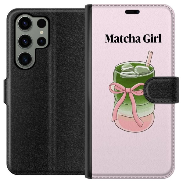 Kompatibel Tegnebogsetui til Samsung Galaxy S23 Ultra Matcha Girl-illustration – kawaii-inspireret te-design med lyserød sløjfe