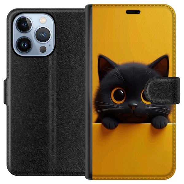 Kompatibelt Lommeboketui til Apple iPhone 13 Pro Søt svart katt med store øyne på gul bakgrunn – minimalistisk dyreillustrasjon med varme farger og m Kompatibelt Lommeboketui til Apple iPhone 13 Pro Søt svart katt med store øyne på gul bakgrunn – minimalistisk dyreillustrasjon med varme farger og m