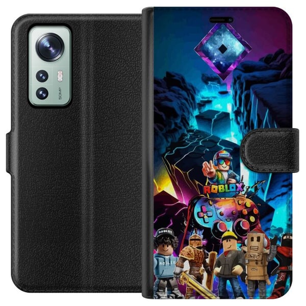 Yhteensopiva Lompakkokotelo Xiaomi 12 Roblox-futuristinen neonmaailma, jossa on peliohjaimia, hahmoja ja valotehosteita – täydellinen kaikille pelifa