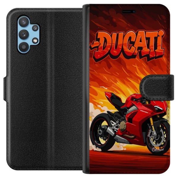 Kompatibelt Plånboksfodral till Samsung Galaxy A32 5G Ducati röd sportmotorcykel mot eld bakgrund fartfyllt motiv för motorälskare