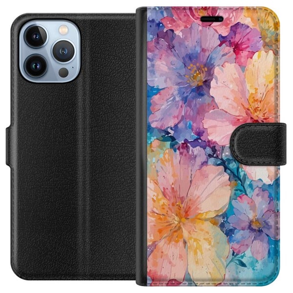 Kompatibelt Plånboksfodral till Apple iPhone 13 Pro Max Akvarellmålning med stora blommor i rosa blå och gula toner i mjuk konstnärlig stil
