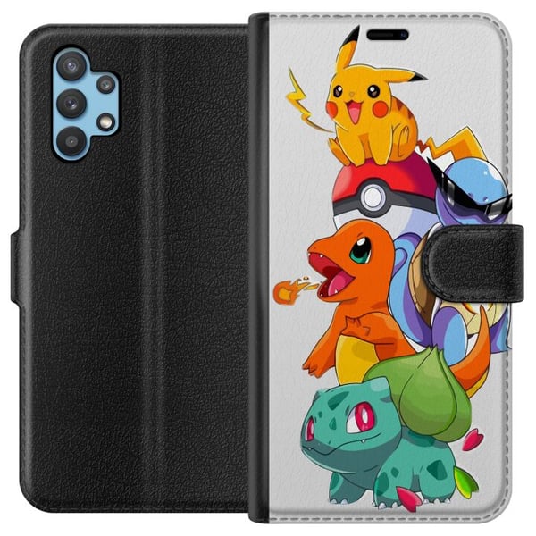 Kompatibelt Plånboksfodral till Samsung Galaxy A32 5G Pokémon Pikachu Charmander Squirtle Bulbasaur – färgglad Pokémon stack illustration med fyra po