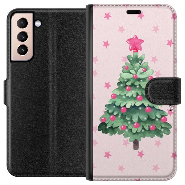 Kompatibel Tegnebogsetui til Samsung Galaxy S21 Akvareljuletræ i rosa nuancer med stjerner og kugler, et charmerende og blødt julemotiv, der passer p