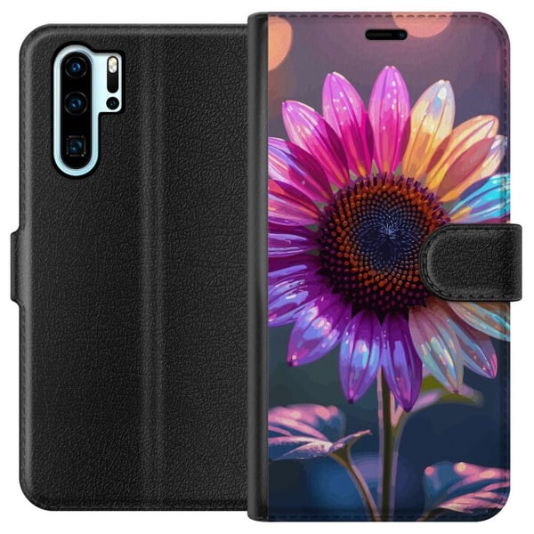 Kompatibel Tegnebogsetui til Huawei P30 Pro Skinnende iriserende blomst i rosa, lilla og guld mod blød bokeh og lysspil