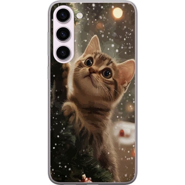 Yhteensopiva Puhelinkuori Samsung Galaxy S23+ Joulukuuseen kiipeävä kissa lumisateessa, kodikas talvidesign täydellinen kissa- ja joulun ystäville