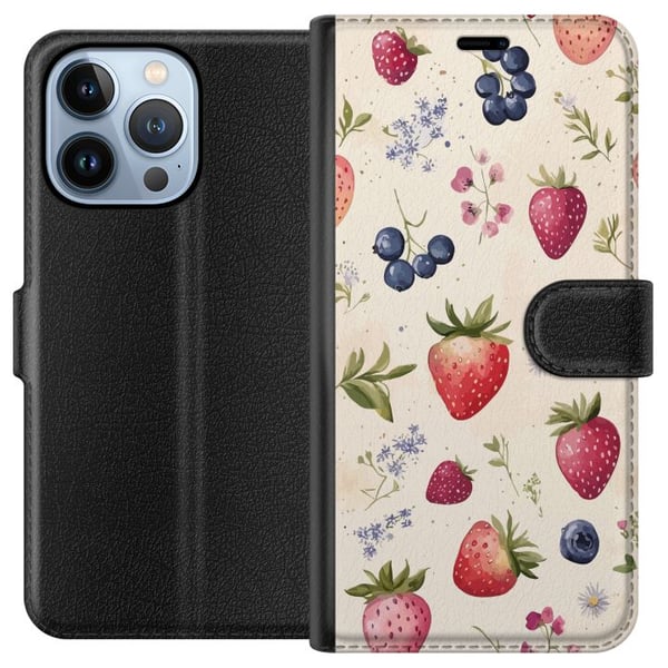 Kompatibelt Plånboksfodral till Apple iPhone 13 Pro Somrigt bärmönster med jordgubbar, blåbär och blommor i akvarell – trendig och fräsch design som