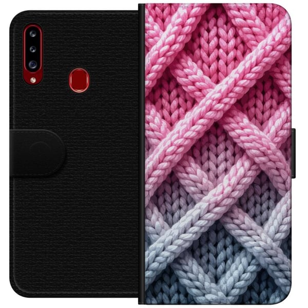 Kompatibelt Plånboksfodral till Samsung Galaxy A20s Tät närbild av flätad textil i rosa grå och vitt med tydlig taktil struktur