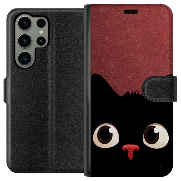 Kompatibel Tegnebogsetui til Samsung Galaxy S23 Ultra Minimalistisk sort kat med store øjne – charmerende dyremotiv i moderne grafisk stil