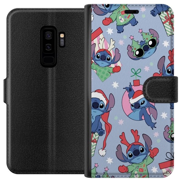 Kompatibelt Plånboksfodral till Samsung Galaxy S9+ Disney Stitch Christmas pattern – söt Stitch juldesign med tomteluvor, renhorn och blå bakgrund