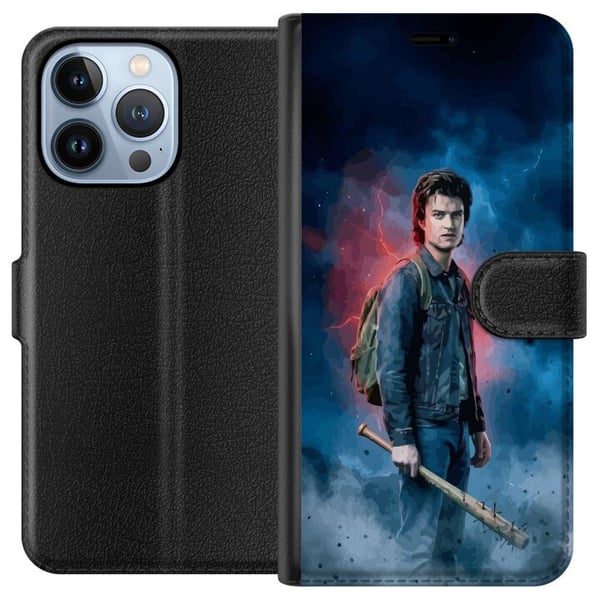 Kompatibelt Plånboksfodral till Apple iPhone 13 Pro Stranger Things porträtt med basebollträ blixtar och dramatisk bakgrund Kompatibelt Plånboksfodral till Apple iPhone 13 Pro Stranger Things porträtt med basebollträ blixtar och dramatisk bakgrund