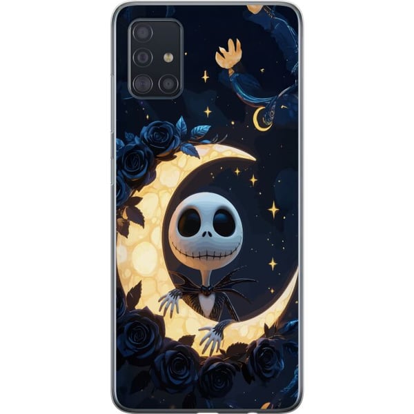 Kompatibelt Mobildeksel til Samsung Galaxy A51 Måneskinnsskjelett – motiv med en skjelettfigur som sitter på en måne omgitt av stjerner og roser Kompatibelt Mobildeksel til Samsung Galaxy A51 Måneskinnsskjelett – motiv med en skjelettfigur som sitter på en måne omgitt av stjerner og roser