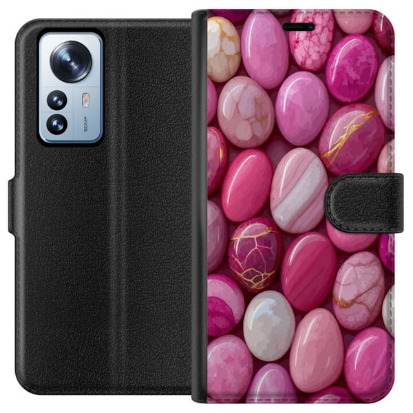 Yhteensopiva Lompakkokotelo Xiaomi 12 Pro Vaaleanpunaiset marmorikivet ylellinen pastellikuvio kiiltävällä pinnalla täydellinen moderniin ja tyylikkä