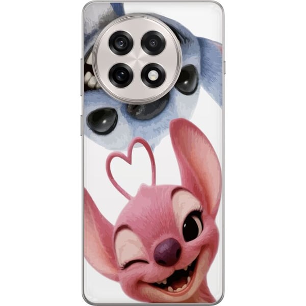 Kompatibelt Mobilskal till OnePlus 13R Lekfulla Stitch och Angel i närbild med stora skratt och hjärtformade detaljer som skapar charmig kärleksfull