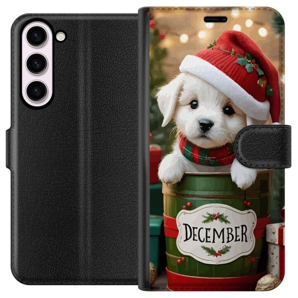 Kompatibel Tegnebogsetui til Samsung Galaxy S23+ December hvalp jul sød hund nissehue hyggelig jul hvalp festlig sne lys yndig ferie plakat