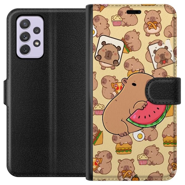 Kompatibel Tegnebogsetui til Samsung Galaxy A52s 5G Capybara Snack Tid Søde kapibarer nyder vandmelon pizza og popcorn i et varmt og legende design,
