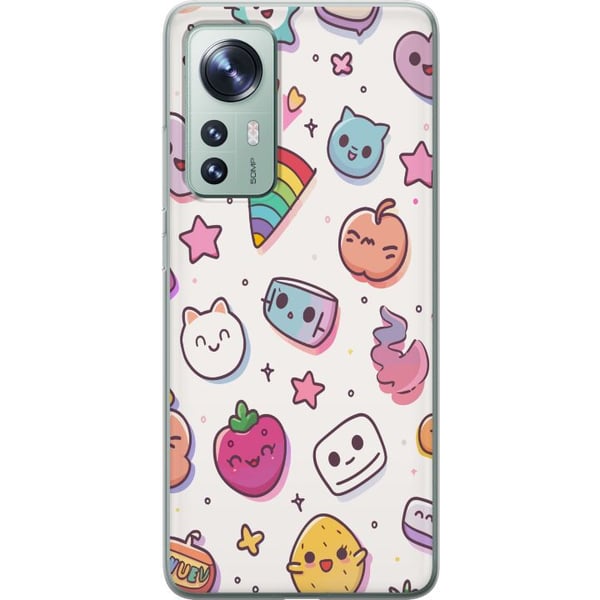 Yhteensopiva Puhelinkuori Xiaomi 12 Kawaii-doodle-kollaasi, jossa on söpöjä hahmoja, hedelmiä, tähtiä, sydämiä, pastellivärejä ja leikkisää sarjakuva