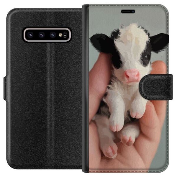 Kompatibel Tegnebogsetui til Samsung Galaxy S10+ Nyfødt lille kalv i hånden med lyserød mule, blød pels og et sødt udtryk, charmerende naturmotiv, pe