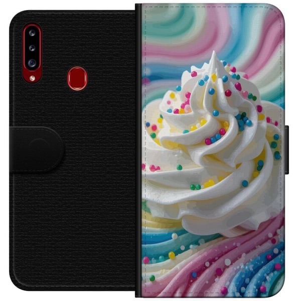 Kompatibel Tegnebogsetui til Samsung Galaxy A20s Illustration af is-swirlen – Hvid flødeskum med regnbuer og farverigt krymmel