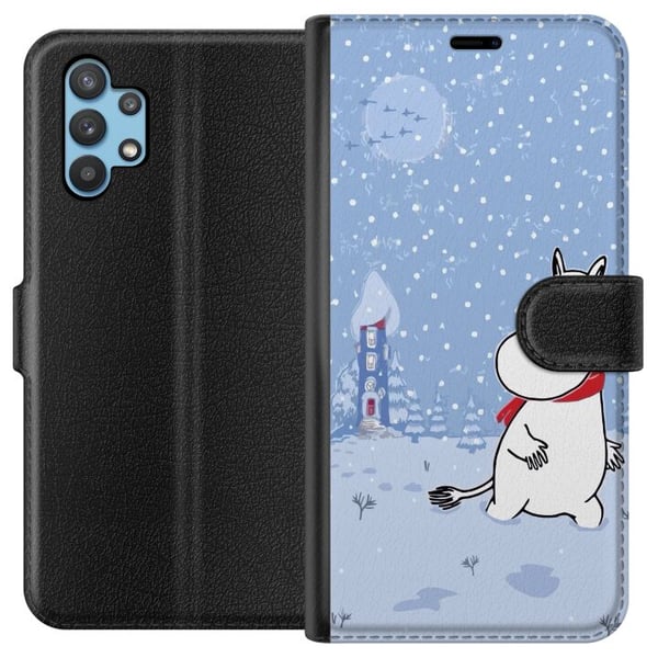 Kompatibelt Plånboksfodral till Samsung Galaxy A32 5G Figur står i stilla vinterlandskap med snöfall blå toner och måne som skapar lugn harmoni och m Kompatibelt Plånboksfodral till Samsung Galaxy A32 5G Figur står i stilla vinterlandskap med snöfall blå toner och måne som skapar lugn harmoni och m