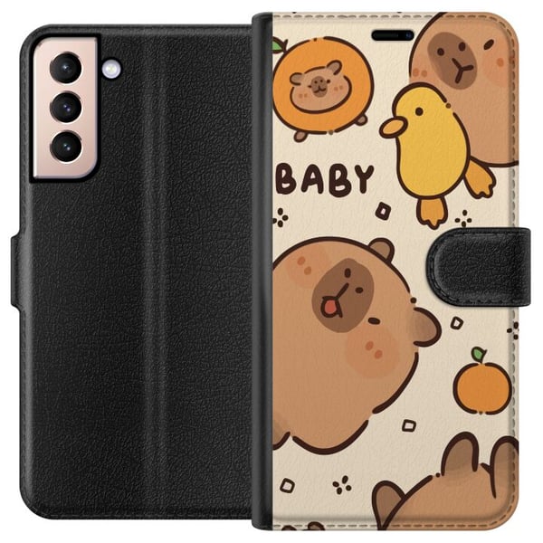 Kompatibelt Lommeboketui til Samsung Galaxy S21 Kawaii-kapibaraillustrasjon – Søt tegnet design med ender og appelsiner