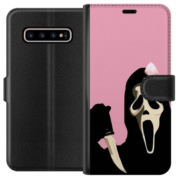 Kompatibelt Plånboksfodral till Samsung Galaxy S10+ Pink Ghost Bow med ikonisk mask och rosa rosett humoristisk och trendig halloweenstil