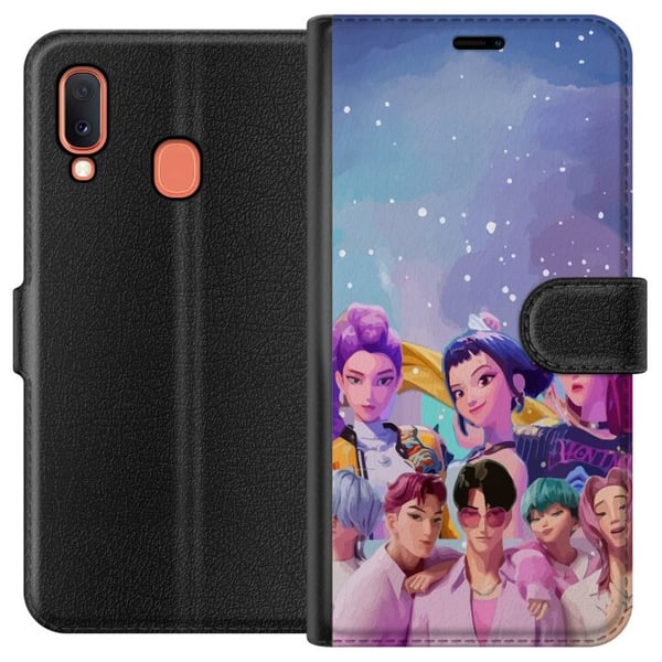 Yhteensopiva Lompakkokotelo Samsung Galaxy A20e HuntrX Collab -kuvio, jossa on värikkäitä K-pop-hahmoja modernissa futuristisessa tyylissä kimaltelev