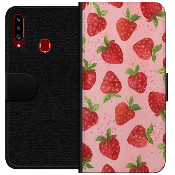 Kompatibelt Plånboksfodral till Samsung Galaxy A20s Strawberry Dreams – jordgubbsmönster i retrostil