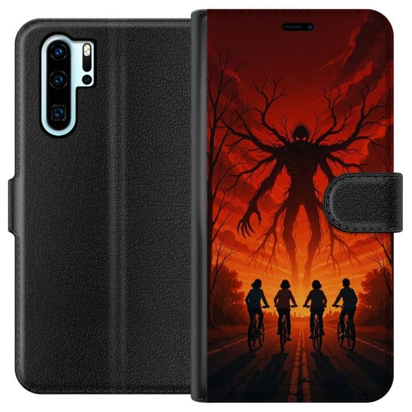 Yhteensopiva Lompakkokotelo Huawei P30 Pro Tumma Stranger Things -henkinen kauhuillustratsioon, jossa on punainen taivas, uhkaava hirviö ja pyöräilev
