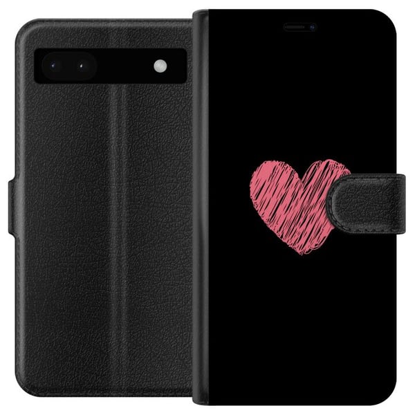 Yhteensopiva Lompakkokotelo Google Pixel 6a Käsin piirretty vaaleanpunainen sydän mustalla minimalistisella taustalla