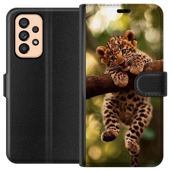 Kompatibelt Lommeboketui til Samsung Galaxy A53 5G Leopardunge på gren med store øyne naturinspirert jungelmotiv detaljrikt og sjarmerende i varm myk