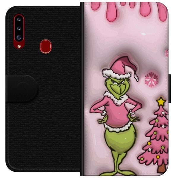 Kompatibelt Plånboksfodral till Samsung Galaxy A20s Grön julfigur i rosa tomtedräkt rolig färgglad twist på klassisk juldyrkare för humoristisk look