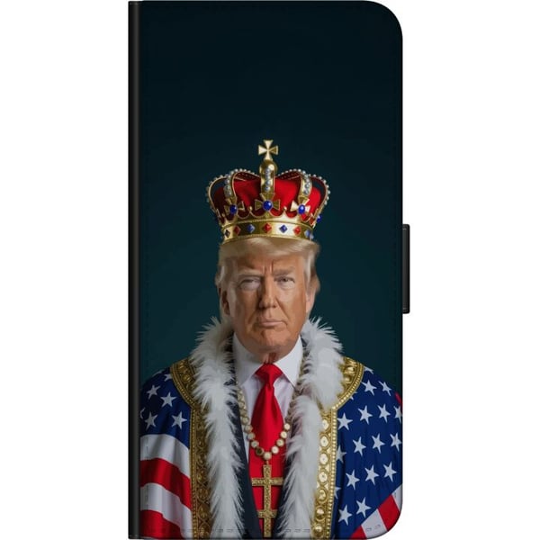 Kompatibelt Lommeboketui til Samsung Galaxy A03s Portrett av Donald Trump kledd som konge med krone og kappe i USAs flagg, symbolsk og provoserende m