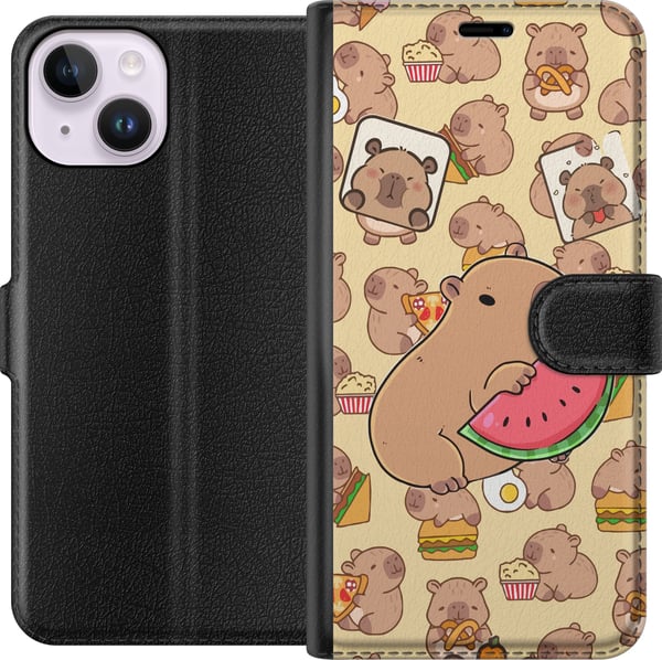 Kompatibelt Plånboksfodral till Apple iPhone 14 Capybara Snack Tid Söta capybaror njuter av vattenmelon pizza och popcorn i en varm och lekfull desig