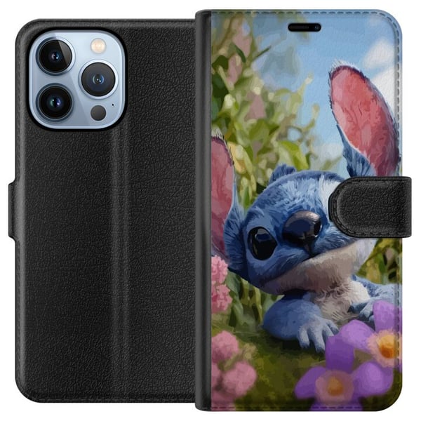 Kompatibelt Plånboksfodral till Apple iPhone 13 Pro Blå tecknad figur inspirerad av Stitch i naturmiljö med blommor och sött uttryck perfekt för fans