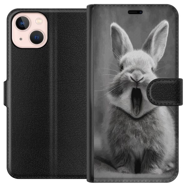 Kompatibelt Lommeboketui til Apple iPhone 13 mini Bedårende kanin i svart-hvitt sitter forfra med munnen åpen som i et gjesp, noe som skaper et sjarm Kompatibelt Lommeboketui til Apple iPhone 13 mini Bedårende kanin i svart-hvitt sitter forfra med munnen åpen som i et gjesp, noe som skaper et sjarm