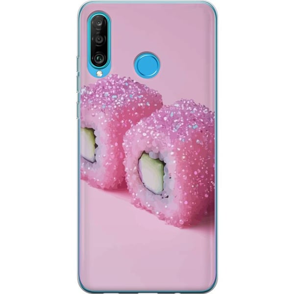 Kompatibelt Mobilskal till Huawei P30 lite Sushi poster rosa glitter kawaii Japanese food roll rice fish aesthetic mat design cute Japan art