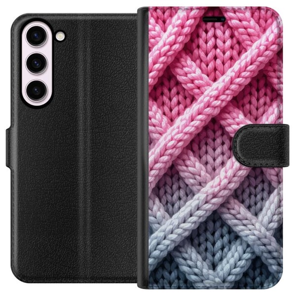 Yhteensopiva Lompakkokotelo Samsung Galaxy S23+ Tiivis lähikuva punotusta tekstiilistä vaaleanpunaisen, harmaan ja valkoisen sävyissä, jossa on selke