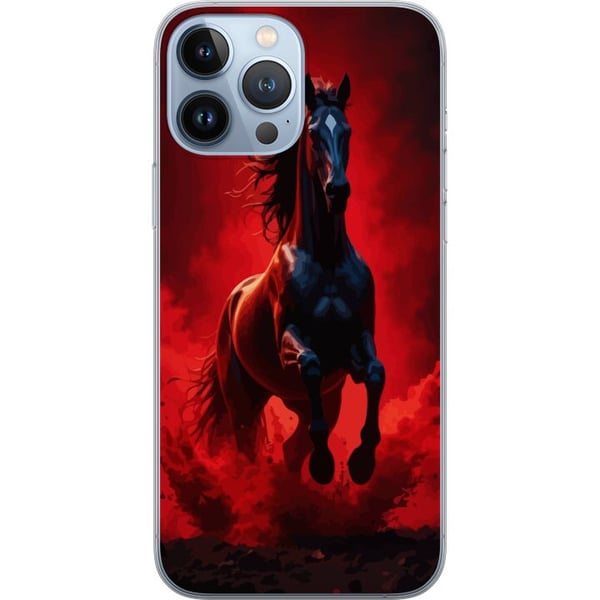Kompatibelt Mobildeksel til Apple iPhone 13 Pro Max Kraftfull svart hest i røde skyer og støv med dramatisk belysning