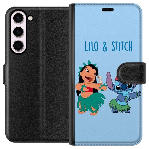 Kompatibelt Lommeboketui til Samsung Galaxy S23+ Lilo og Stitch som danser hula i en fargerik tropisk illustrasjon
