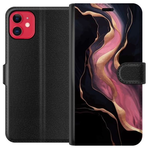 Kompatibelt Plånboksfodral till Apple iPhone 11 Abstrakta vågor i svart med rosa stråk och guldfärgade kanter som flytande marmor mot mörk bakgrund Kompatibelt Plånboksfodral till Apple iPhone 11 Abstrakta vågor i svart med rosa stråk och guldfärgade kanter som flytande marmor mot mörk bakgrund