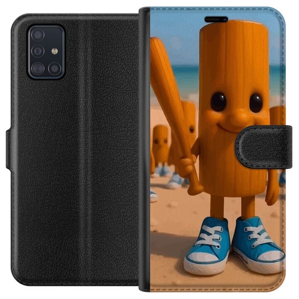 Kompatibel Tegnebogsetui til Samsung Galaxy A51 Italian Brainrot strandmotiv – Træfigur med blå sko og baseballbat-plakat
