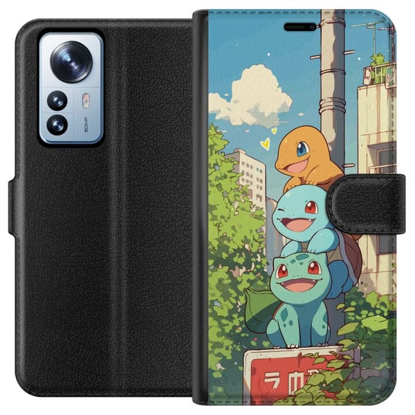 Yhteensopiva Lompakkokotelo Xiaomi 12 Pro City Trio kolme iloista pientä hahmoa kaupunkiympäristössä, sininen taivas ja vihreitä puita, viehättävä ku