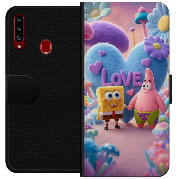 Kompatibelt Plånboksfodral till Samsung Galaxy A20s Svampbob och Patrik kärlek färgglad pastellvärld med hjärtan blommor och vänskap i sann glädjesti