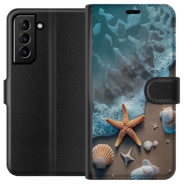 Kompatibelt Lommeboketui til Samsung Galaxy S21+ 5G Sjøstjerne og skjell stranddesign med rolige bølger hav og sand inspirert av feriefølelse natur o Kompatibelt Lommeboketui til Samsung Galaxy S21+ 5G Sjøstjerne og skjell stranddesign med rolige bølger hav og sand inspirert av feriefølelse natur o
