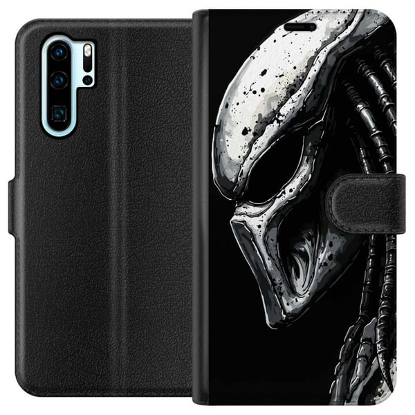 Yhteensopiva Lompakkokotelo Huawei P30 Pro Draamaattinen kuvitus Predator-naamiosta, jossa on metallisia tekstuureja, varjoja ja yksityiskohtia, jotk