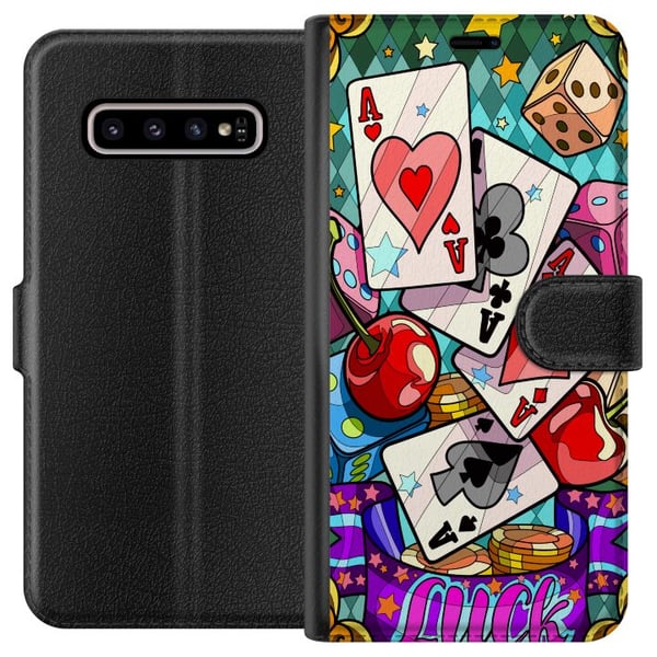 Kompatibelt Plånboksfodral till Samsung Galaxy S10+ Lucky Hands casino pop art design med spelkort tärningar körsbär och retroinspirerad färgstark st