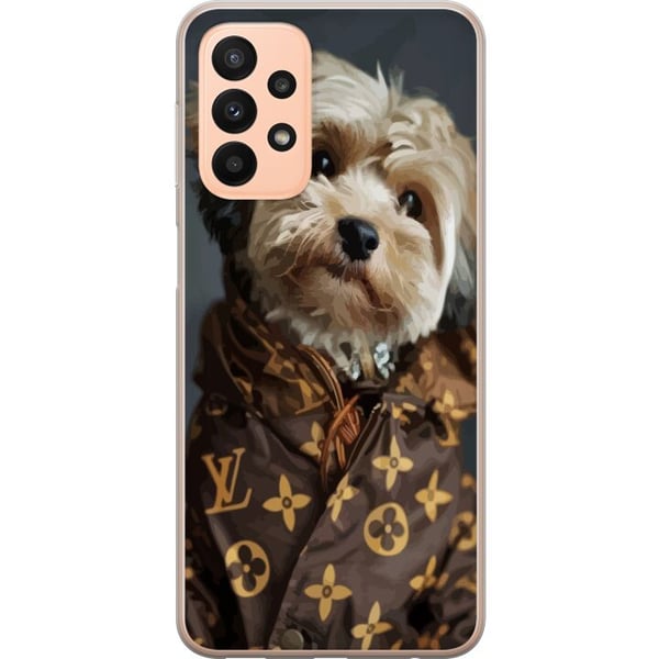 Kompatibelt Mobilskal till Samsung Galaxy A23 Liten hund i lyxjacka elegant och rolig design för modeälskare och hundägare med stil