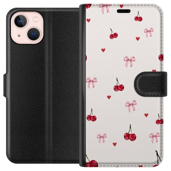 Kompatibelt Plånboksfodral till Apple iPhone 13 mini Cherry Hearts and Bows med körsbär rosa rosetter och hjärtan i charmig och gullig design